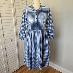 Hanna Andersson Blue White Cotton Gingham Midi Dress Size M Prairie Cottagecore